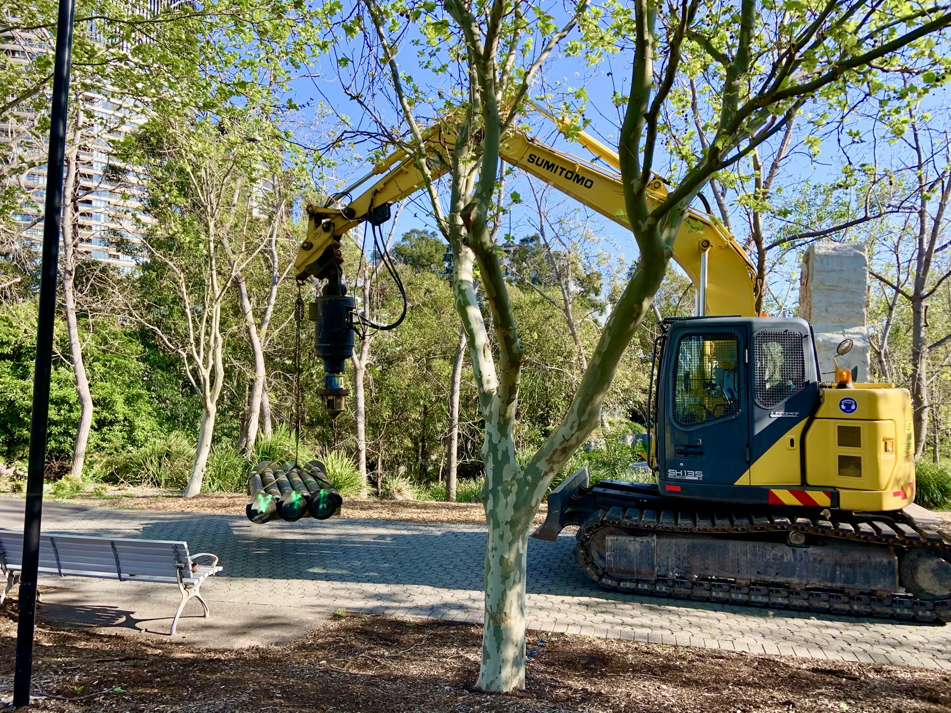 Compact piling equipment working among established trees